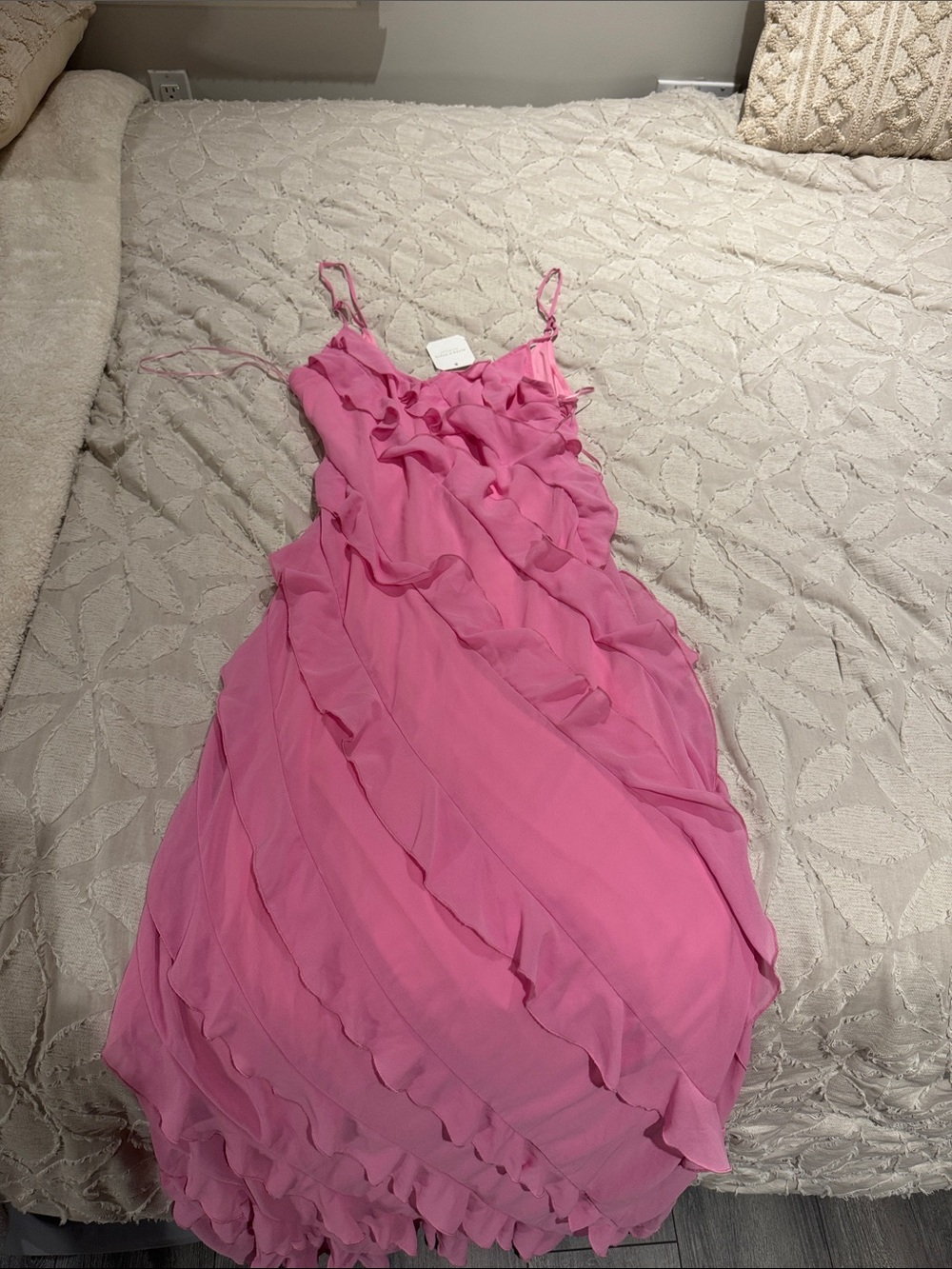 Altar'd State Bright Pink Ruffled Spaghetti-Strap Maxi Dress